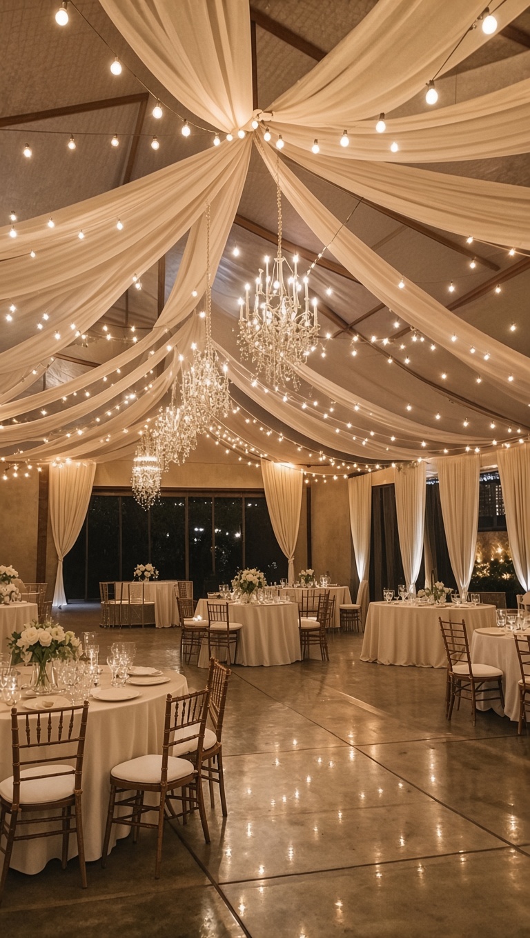 Draped venue with chandeliers